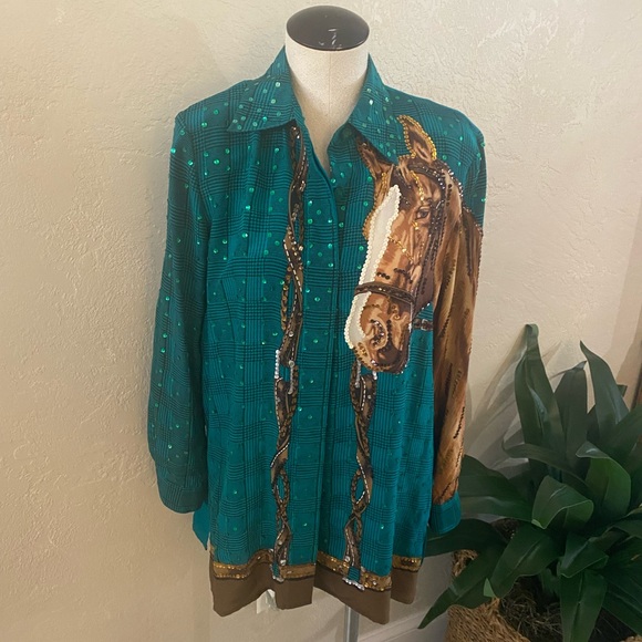 Vintage 80’s Diane Gilman Horse themed Equestrian Sequined Blouse Sz S/M - Picture 2 of 6